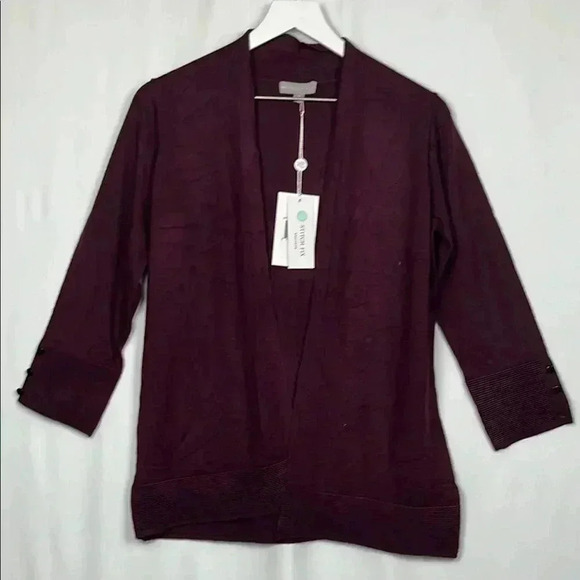 Evolution Womens Cardigan Burgundy S Open Front Long Lines 3/4 Sleeves w/Buttons - Picture 1 of 12